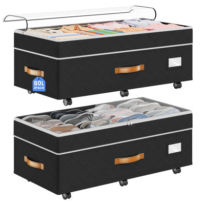 Rangement sous lit réglable de 80 L avec roulettes, contenants sous-lit avec couvercles transparents, organisateur de rangement à roulettes pour chaussures, vêtements, couvertures, jouets, ensemble de 2, (noir)