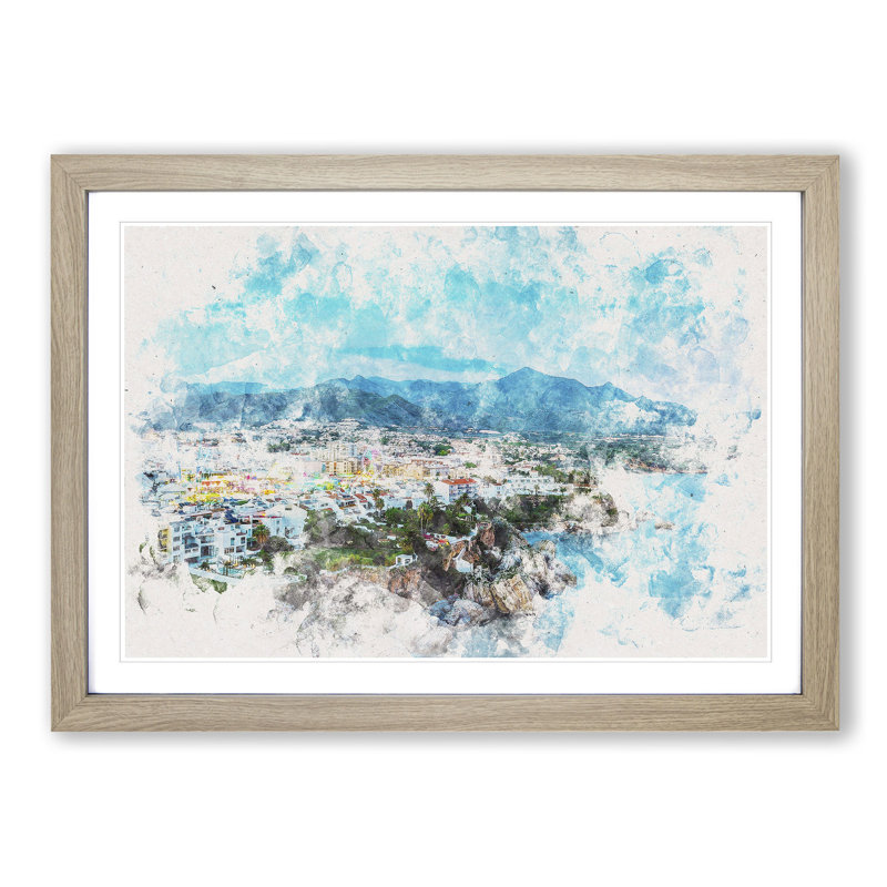 Skyline of Nerja in Spain - Picture Frame Painting Print on MDF, 62cm H x 87cm W x 2cm D, Oak Framed