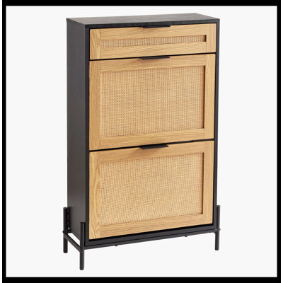 Rattan Shoe Cabinet, Narrow Shoe Storage Organizer with 2 Flip Rattan Drawers & 1 Slide Drawer, Metal Legs, Slim Shoe Entryway Cabinet Ideal for Entryway, Closet, Hallway, Black