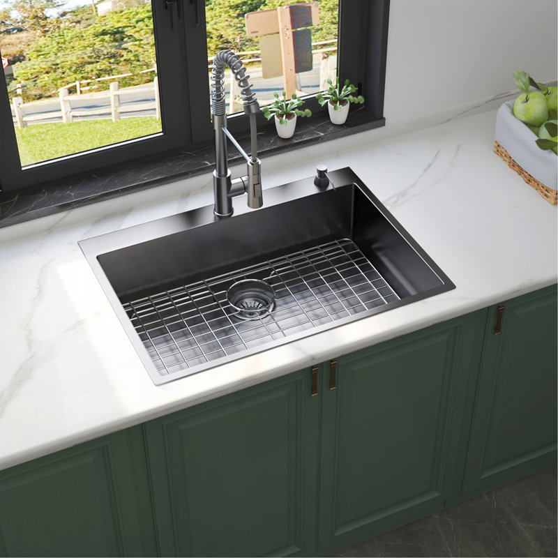 30X22 Inch Gunmetal Black Drop In Topmount 18 Gauge Stainless Steel  Single Bowl Kitchen Sink With Pull Out Faucet
