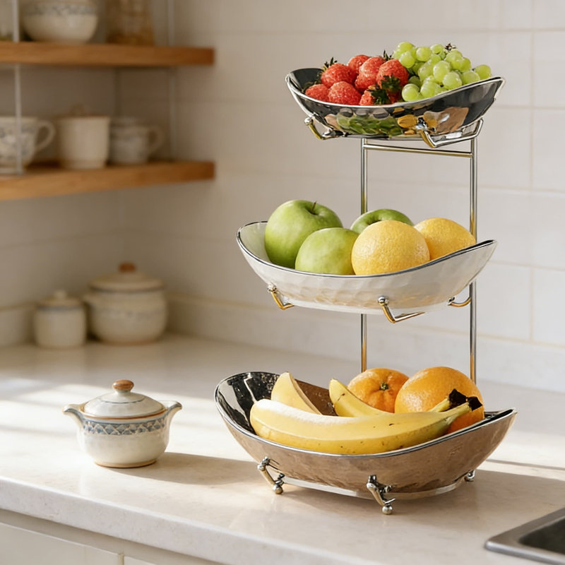 3-Tier Ceramic Fruit Basket With Metal Stand - Elegant Serving Bowl For Fruits, Vegetables, Snacks, Desserts, And Party Display - Sturdy Porcelain Kitchen Storage And Decorative Tray