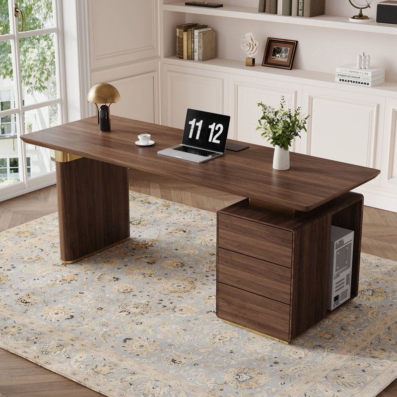 Walnut Wood Desk With Built-In Power Outlet Storage Drawers And Open CPU Compartment
