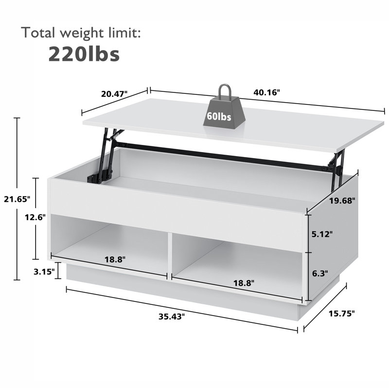 Table basse à plateau relevable Chappa avec bande lumineuse à DEL RVB, compartiment caché et tablette ouverte, Blanc