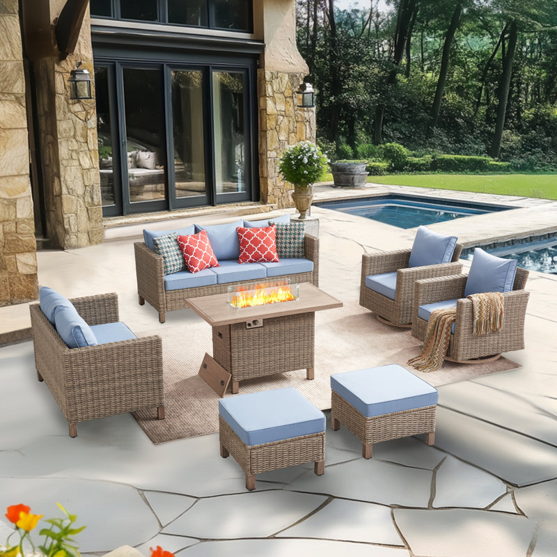 9 - Person Outdoor Wicker Patio Conversation Furniture Set With Swivel Chairs, Blue