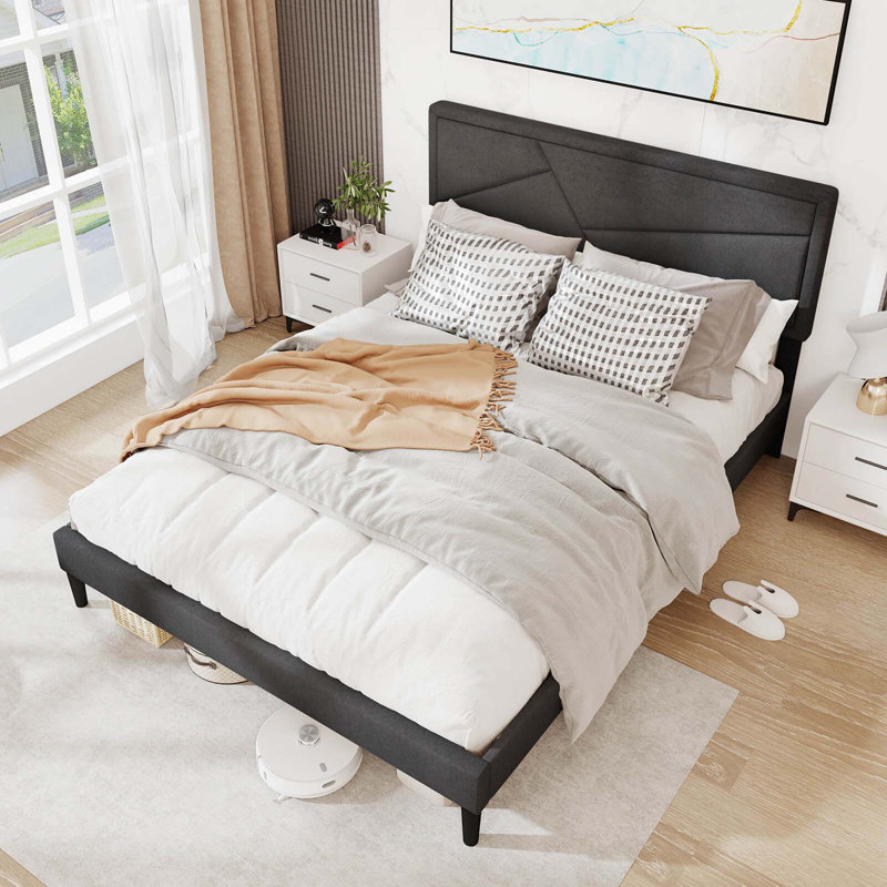 Bed Frame with High Headboard & Wooden Slats No Box Spring Needed, Queen