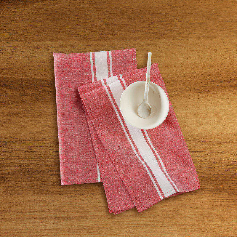Farmhouse Stripe - 100% Pure Linen Kitchen Towels, Red and White