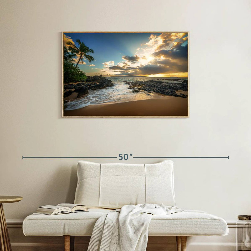 Makena Cove, ciel coucher de soleil, Cadre flottant en bois naturel, 37 po x 25 po