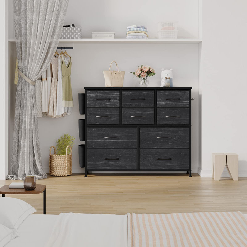 Commode 10 tiroirs, commode pour chambre à coucher avec 10 grands tiroirs de rangement en tissu, Noir anthracite