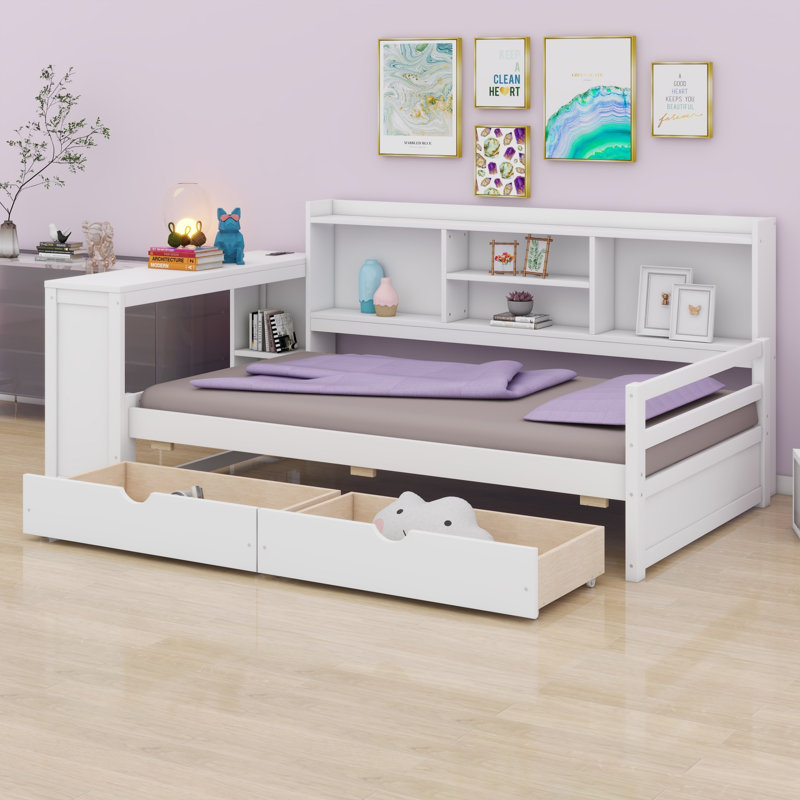 Lit de jour d'angle avec bureau et station de charge, tiroirs de rangement et tablettes de présentation, Blanc
