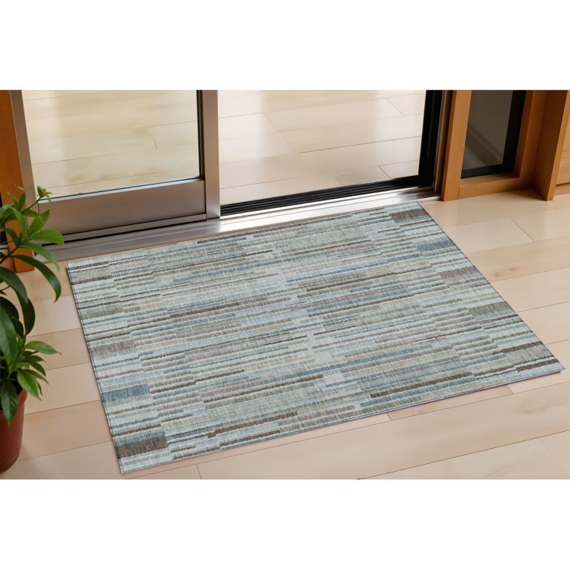 3' X 5' Teal Blue And Brown Striped Washable Indoor Outdoor Area Rug