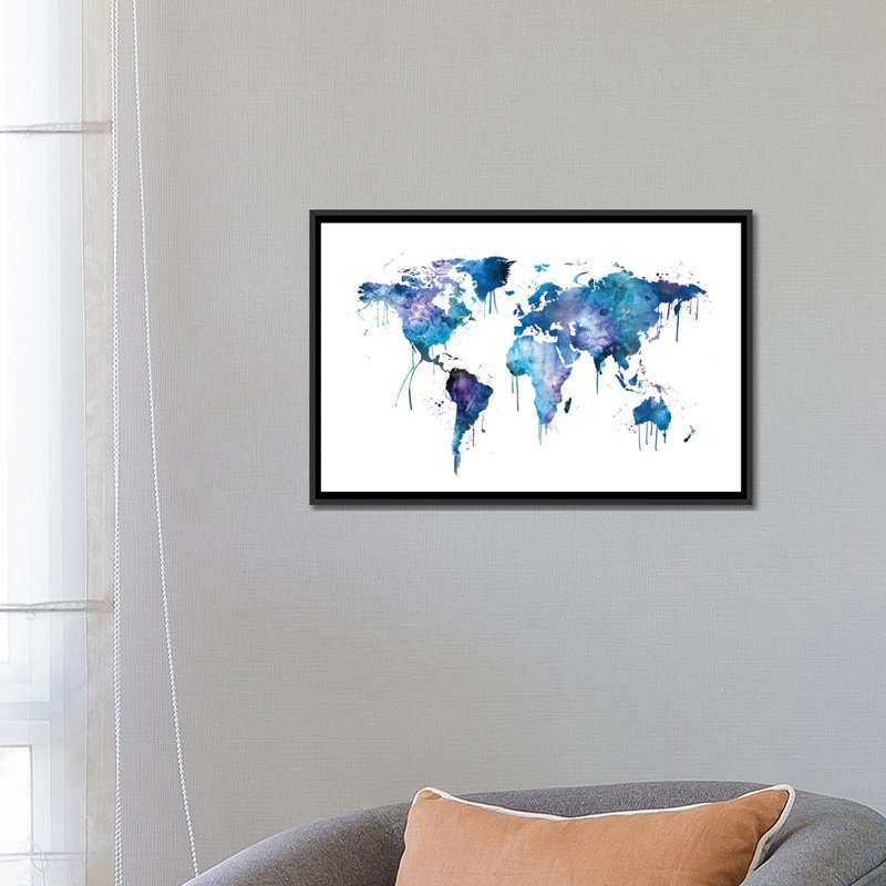 « aquarelle map of the world map, blues & mauves » par michael tompsett, impression sur toile, H 18 po x l 26 po x P 1,5 po
