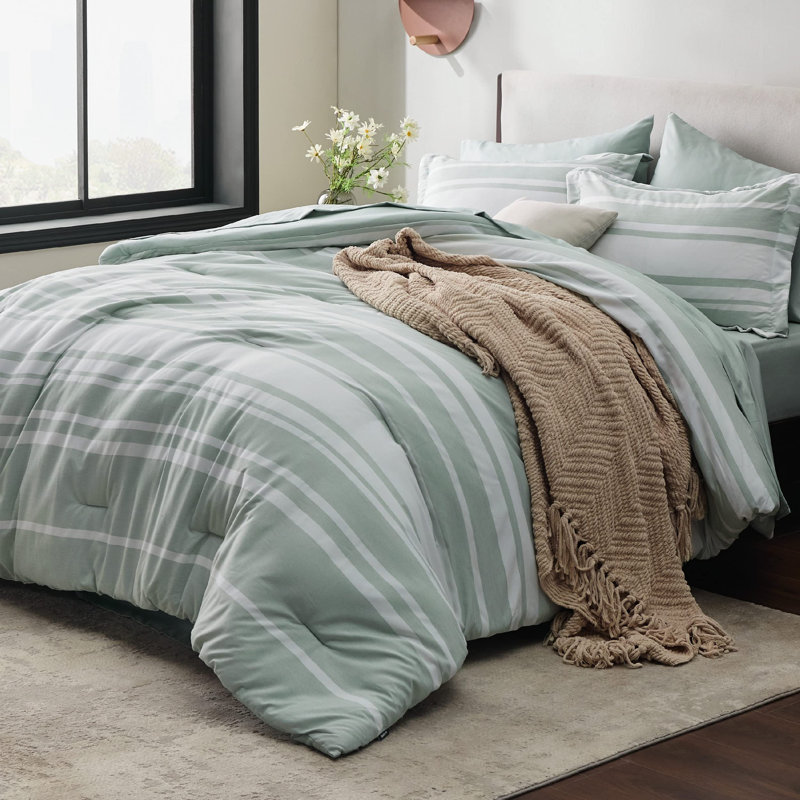 Bedsure Striped All Season Comforter Set, Twin Comforter + 4 Additional Pieces, Sage Green