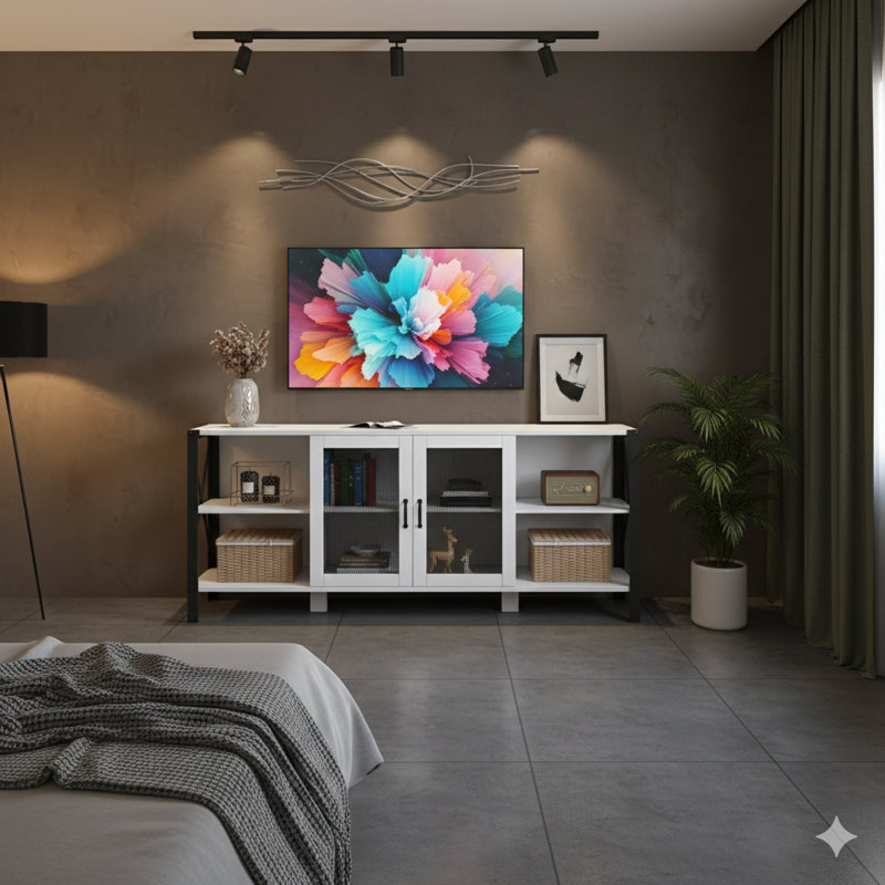 Industrial-Style Open Bookshelf TV Stand Combining Wood And Metal. A Farmhouse-Inspired Horizontal Unit For Living Rooms Or Bedrooms, Compatible With 80-Inch Televisions.