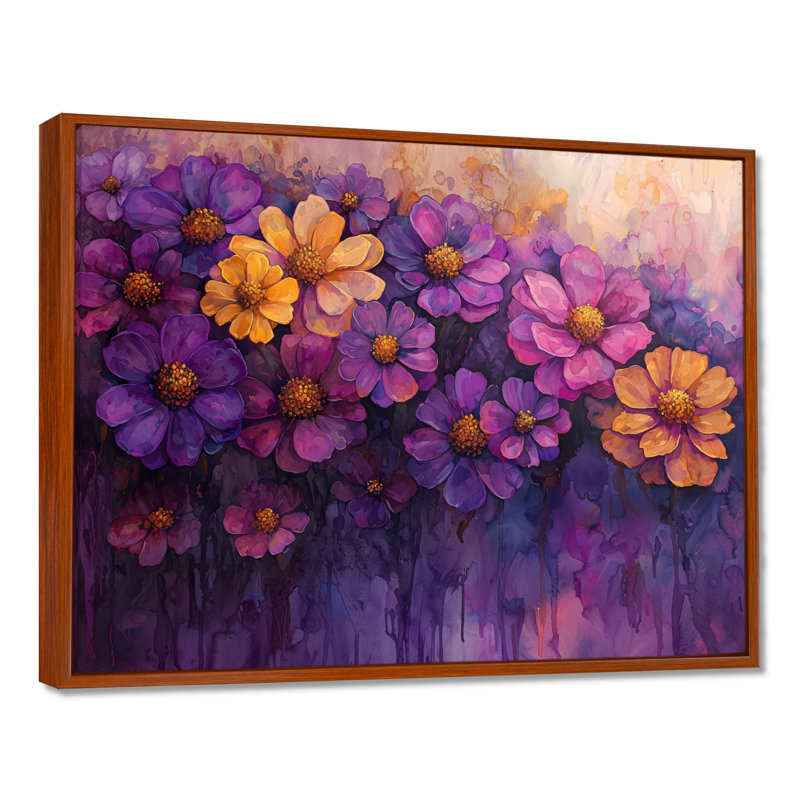 Iqrah Zinnias, fleurs, lavande, champ de minuit III - art mural Zinnias pour le salon, Brun, Impression encadrée flottante