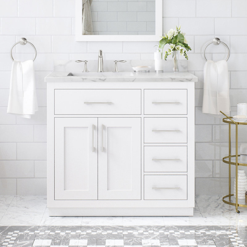 Athea 36 in. Single Sink Freestanding White Bathroom Vanity with White Engineered Marble Top, Brushed Nickel Hardware, White