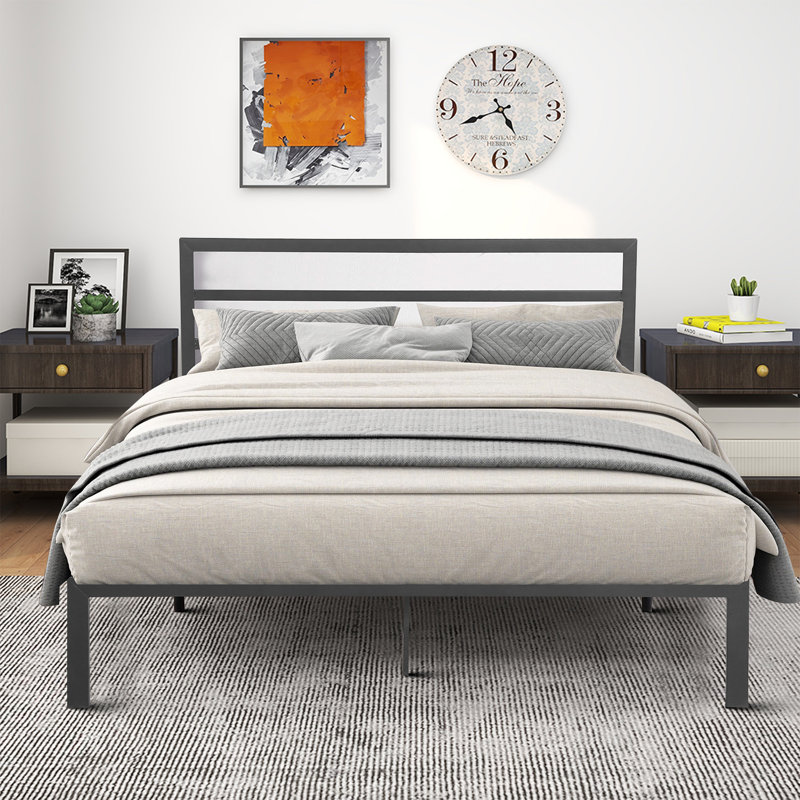 Queen Slat Headboard Design Bed, Charcoal Grey
