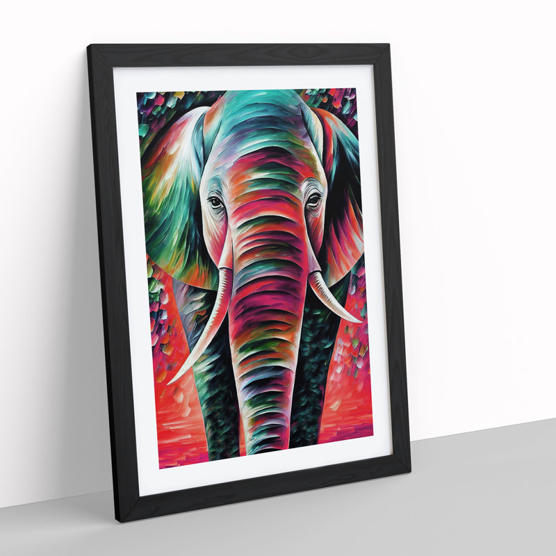 Colourful Elephant No.1 - Painting, 66cm H x 48cm W x 2cm D, Black Framed, White