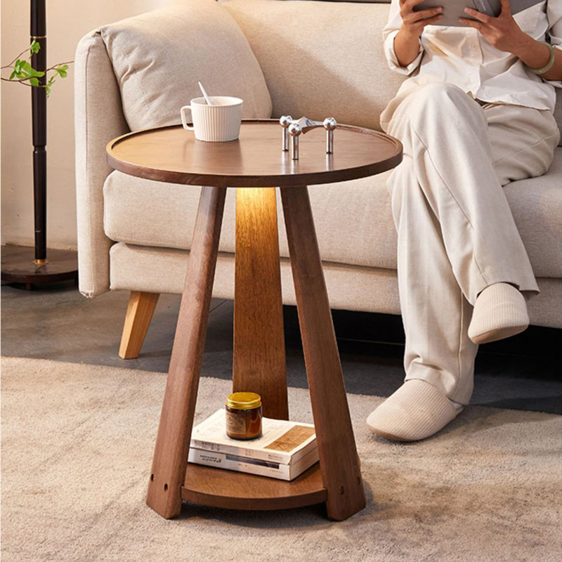 1pc, Nordic Minimalist Sofa Side Table, Household Use, Double-layer Small Round Table, Solid Wood Coffee Table, Bedroom Small Coffee Table