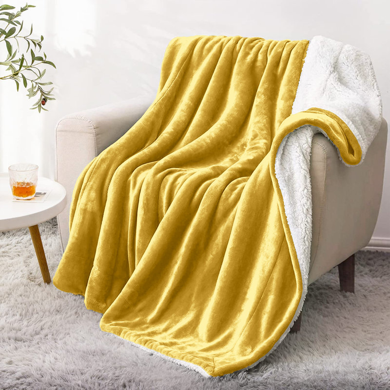 Sherpa Fleece Fur Thick Reversible Blanket Throw, 240cm x 200cm, Yellow