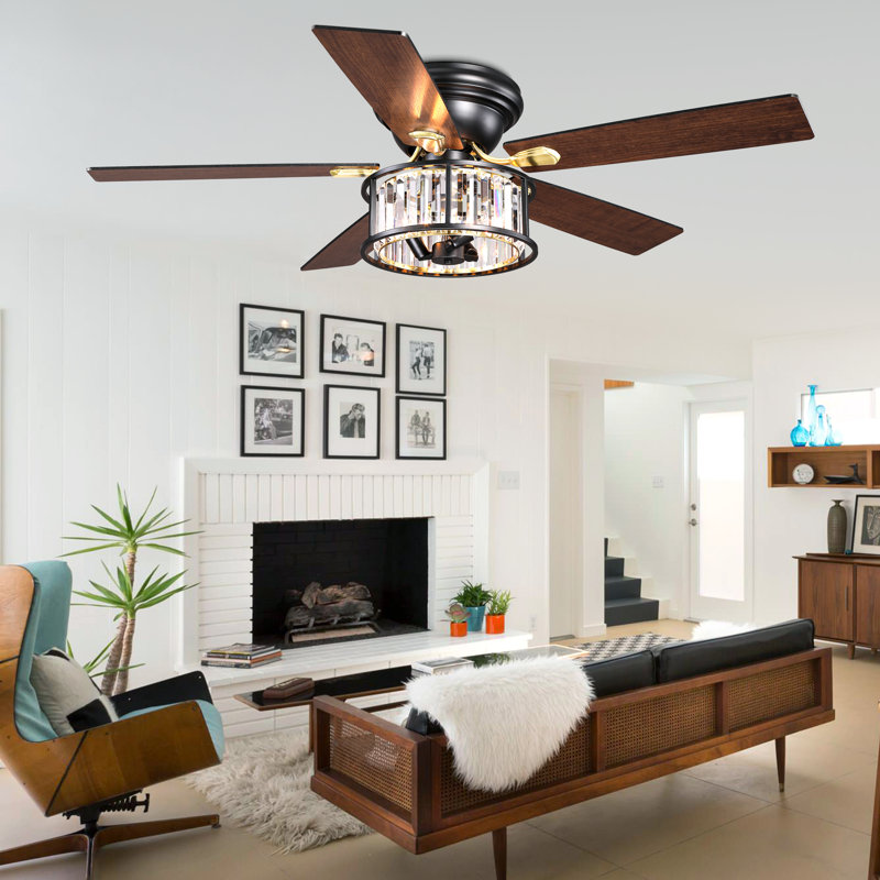 Ventilateur de plafond 52 po en cristal avec lumière, noir et doré encastré avec 5 pales Farmhouse
