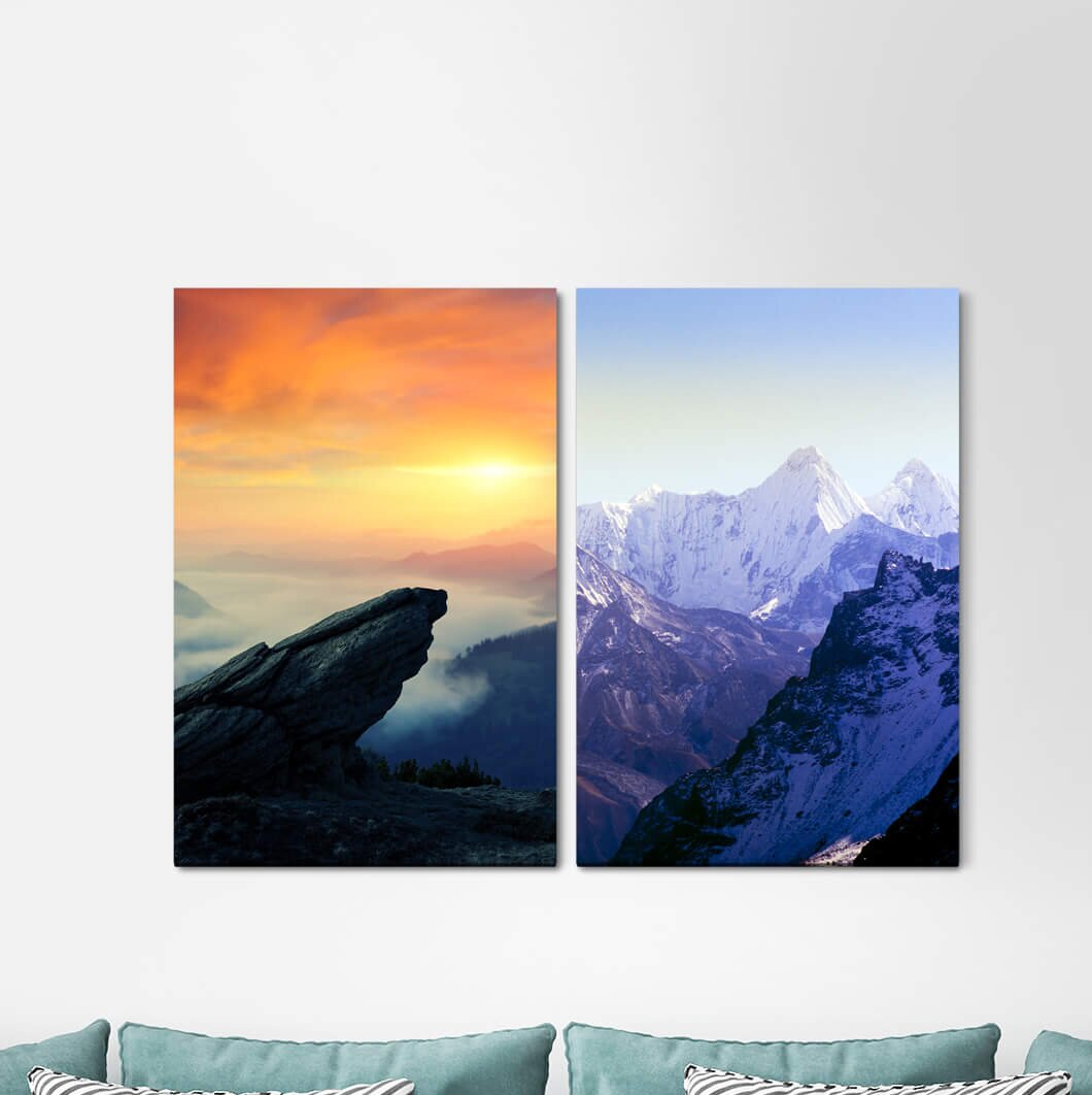 2-tlg. Leinwandbilder-Set - Grafikdruck „Mountain Peaks Himalaya Sunset Glacier Rocks Sky”