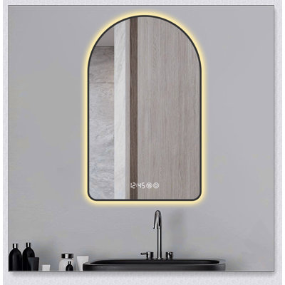 32X60 Inch Arched LED Bathroom Mirror With Time, Temperature Display, Anti-Fog, Dimmable, And Three Color Temperatures - Modern Vanity Light