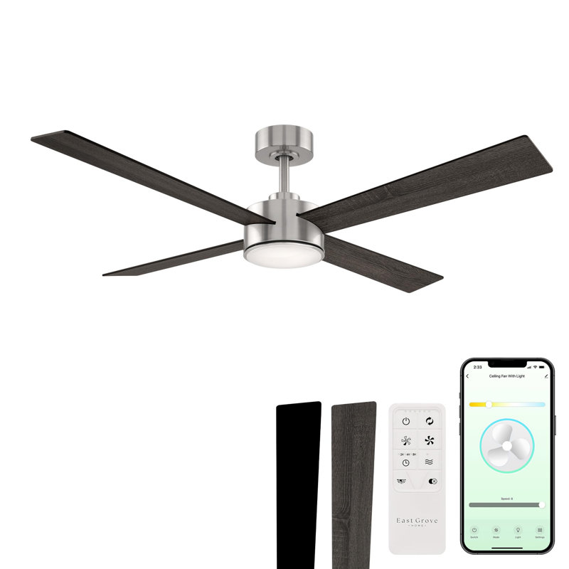 Santorini Smart 4-Blade 52in Ceiling Fan 2700K-6000K CCT Selectable LED Light Kit with Remote Control in Brushed Nickel with Reversible Blades Weathered Wood or Ebony Works With iOS or Android App