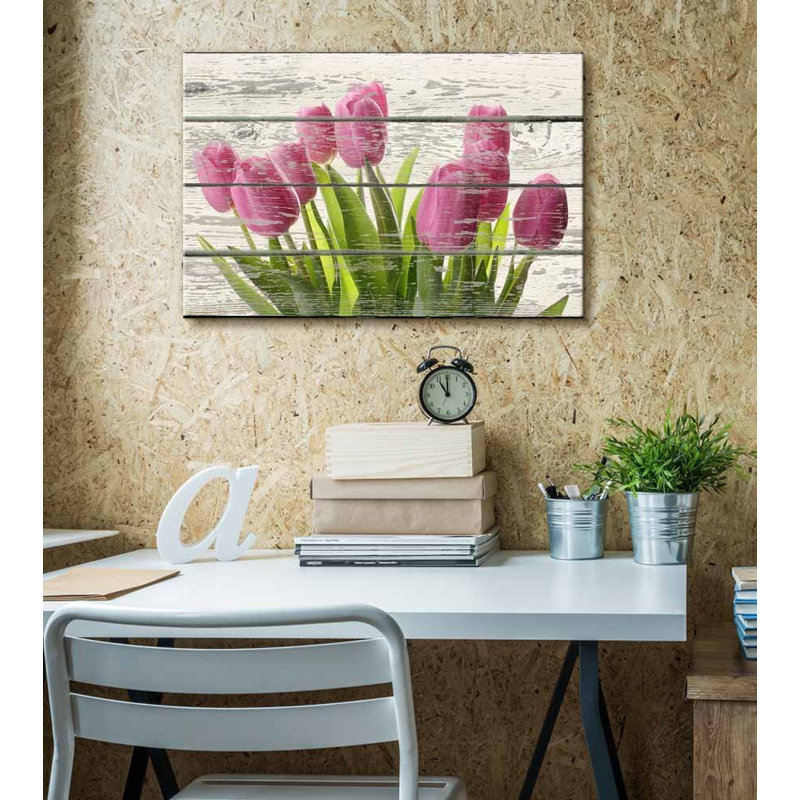 Bouquet de fleurs et de belles tulipes roses, œuvre d'art rustique, H 12 po x l 18 po