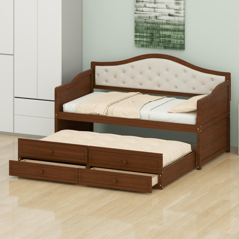 Versatile Sofa Bed Featuring Tufted Backrest, Trundle, and Built-In Storage, Walnut