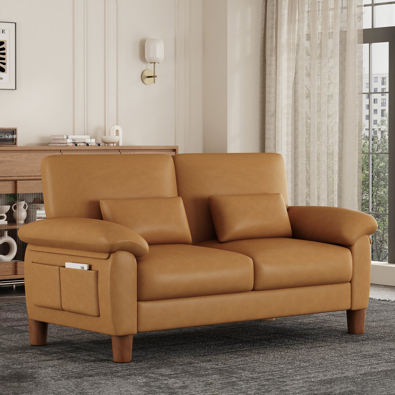 71-Inch Faux Leather 2-Seater Sofa With Solid Wood Frame, Spring Seat Cushion And Two Throw Pillows - Orange, Orange