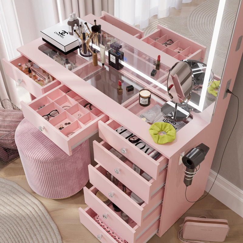 Brielle Premium Makeup Vanity With Bluetooth Speakers And Full LED Mirror, Pink