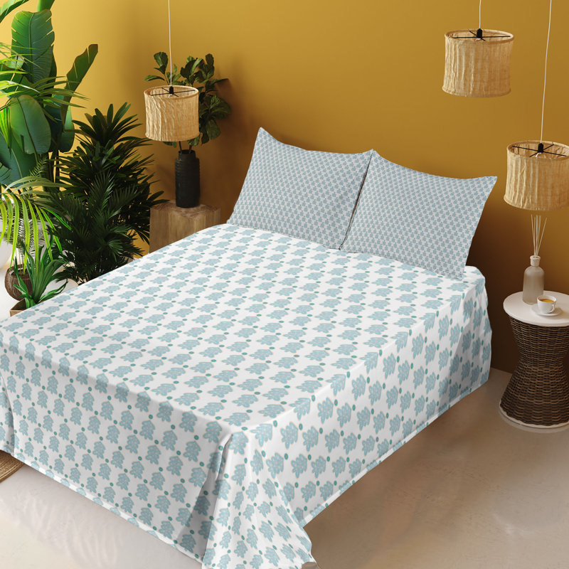 Ambesonne Teal Sheet Set Cold Tones Xmas Trees Pattern Pale Blue Grey Camel, Queen Sheet Set with 2 Pillowcases