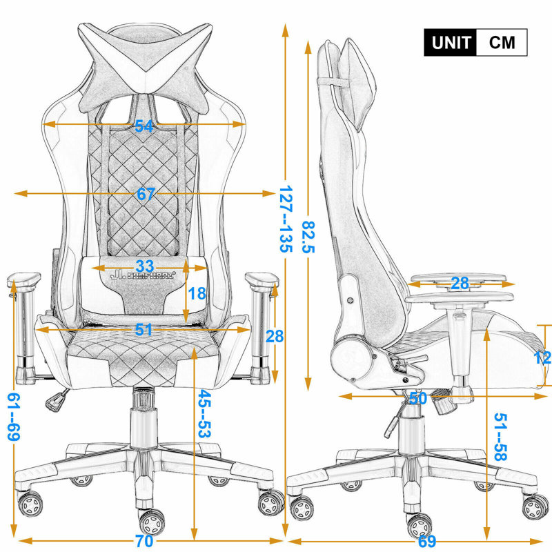 JL Comfurni Adjustable Reclining Ergonomic Faux Leather Swiveling PC & Racing Game Chair with Footrest, Gold
