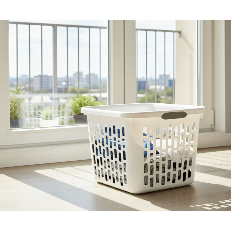 White Plastic Square Laundry Baskets, 6-Pack, 1.5 Bushel Capacity, Ventilated Rectangular Holes + Comfortable Handle, Household Clothes Storage Baskets.