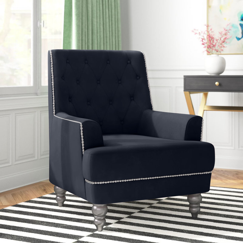 Black Velvet Accent Chair with Wood Legs
