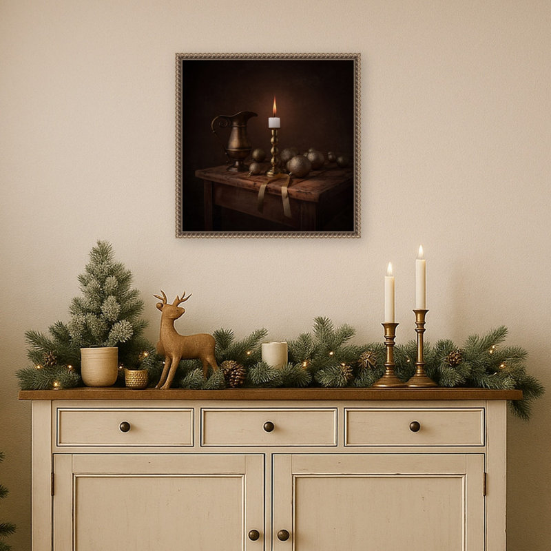 Nature morte aux chandelles dorées par Margareth Perfoncio, reproduction d'art sur toile encadrée, L 16 po x H 16 po