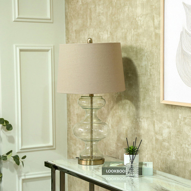 73.5cm Tall Living Room Table Lamp with Clear Glass Base, Bedside Buffet Lamp Linen Shade, Beige