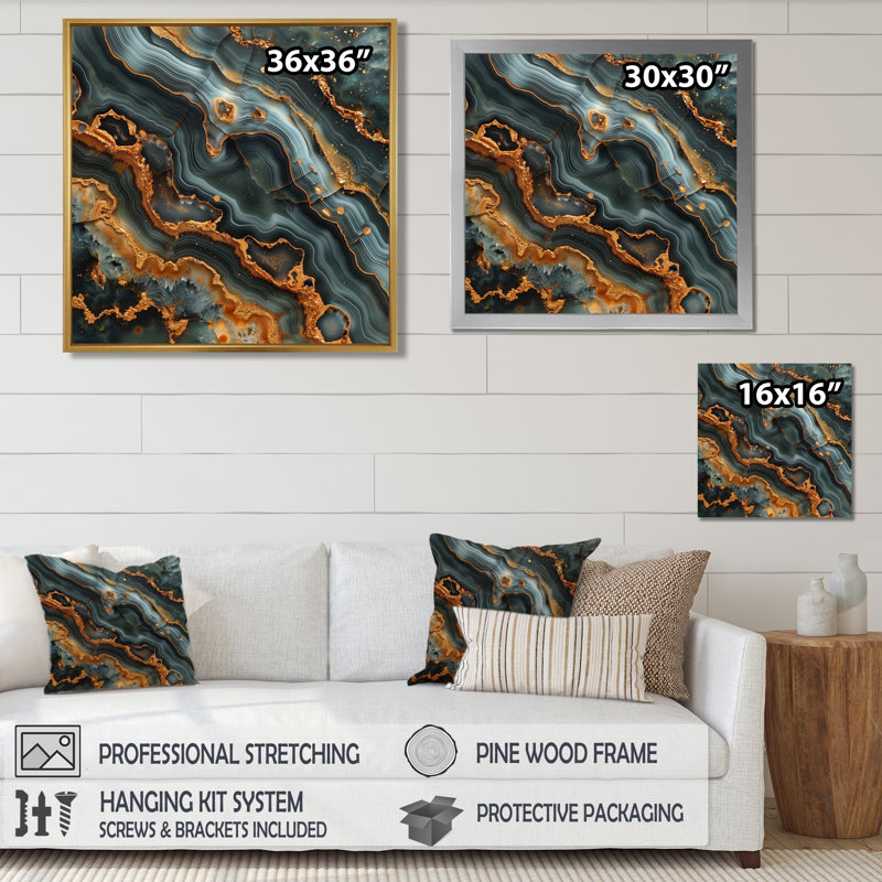 Or et marbre abstrait vert pierre de rivière I - marbre, décoration murale, H 16 po x l 16 po, Cadre simple noir