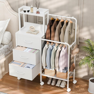 Commode à 3 tiroirs avec double garde-robe, étagères de rangement et roulettes – Organisateur de placard en tissu blanc pour chambre et petits espaces