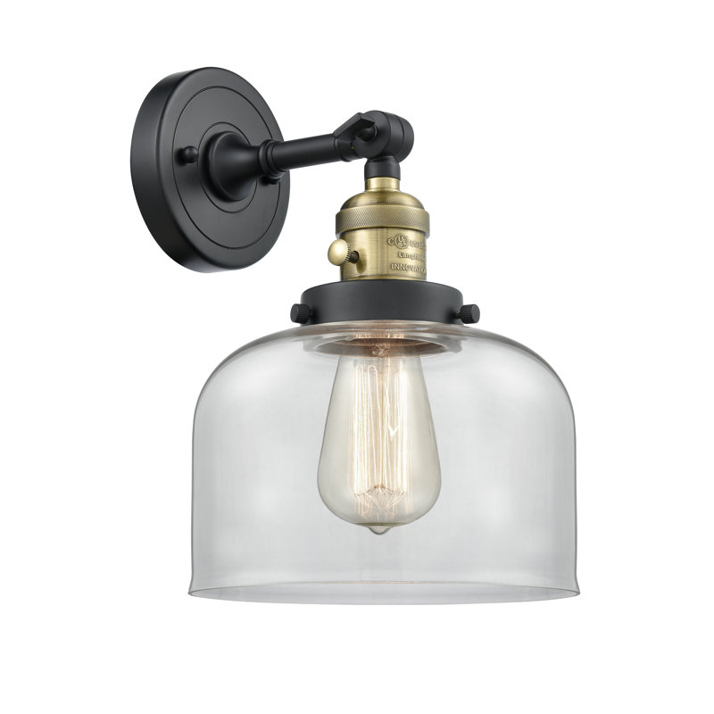 Applique murale 1 lumière 8 po Bell, Ampoule incandescente rétro 60 watts, Clair, Laiton antique noir