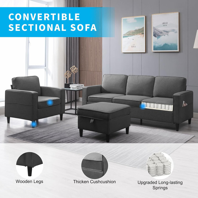 Ensemble de canapé 2 pièces pour la chambre à coucher, canapé-lit 2 pièces pour le salon, ensemble de canapé en forme de L à 3 places avec fauteuil, canapé modulaire moderne avec rangement pour méridienne et petit espace