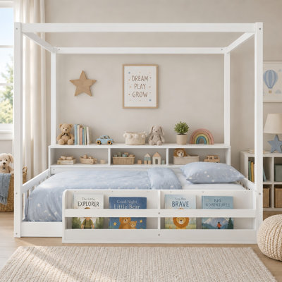 Montessori Floor Bed with Fence & Guardrails, Floor Bed Frame with Built-In Bookshelf and Storage Shelves
