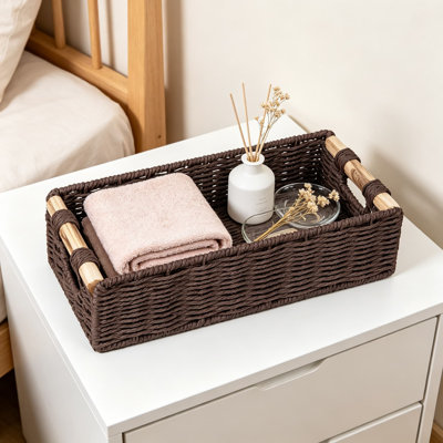 Panier de rangement de dessus de réservoir de toilette tissé à la main avec poignée découpée, petit panier décoratif en osier pour organisateur de salle de bain, comptoir, salon, chambre de bébé