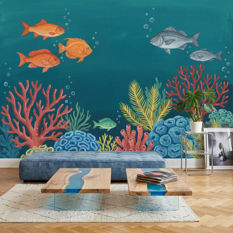 Décoration murale poisson sous-marin Coral Reef, 100 po x 96 po, Non tissé
