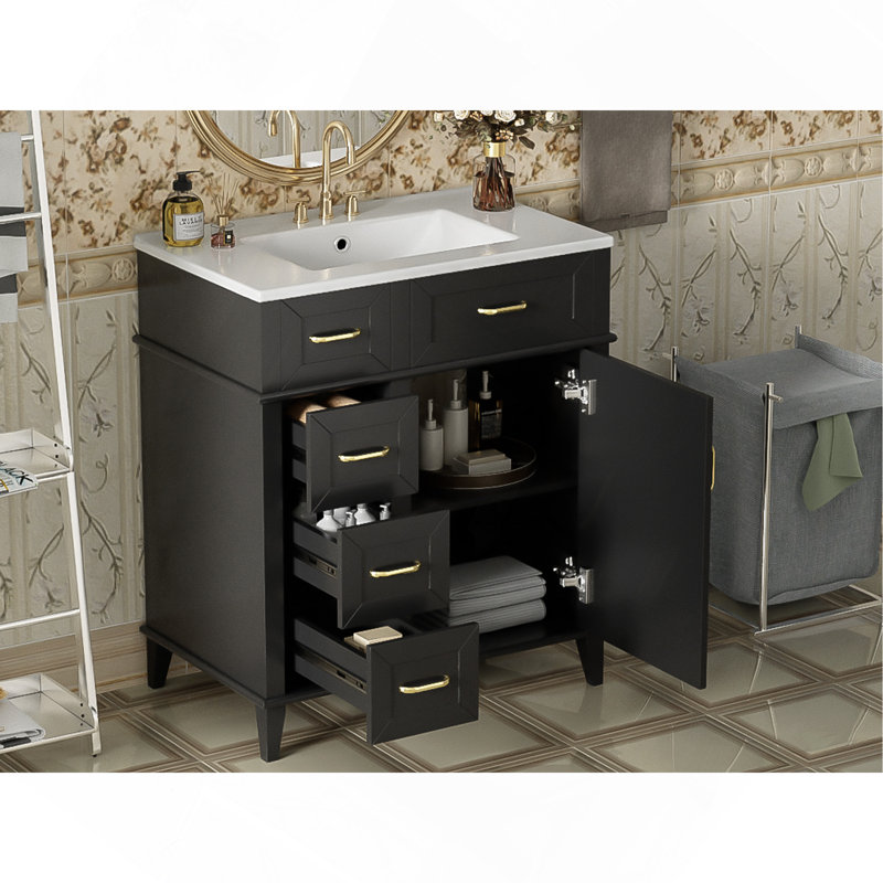 Meuble-lavabo de 30 pouces avec lavabo en céramique, tablette réglable, porte à fermeture en douceur et trois tiroirs à fermeture en douceur
