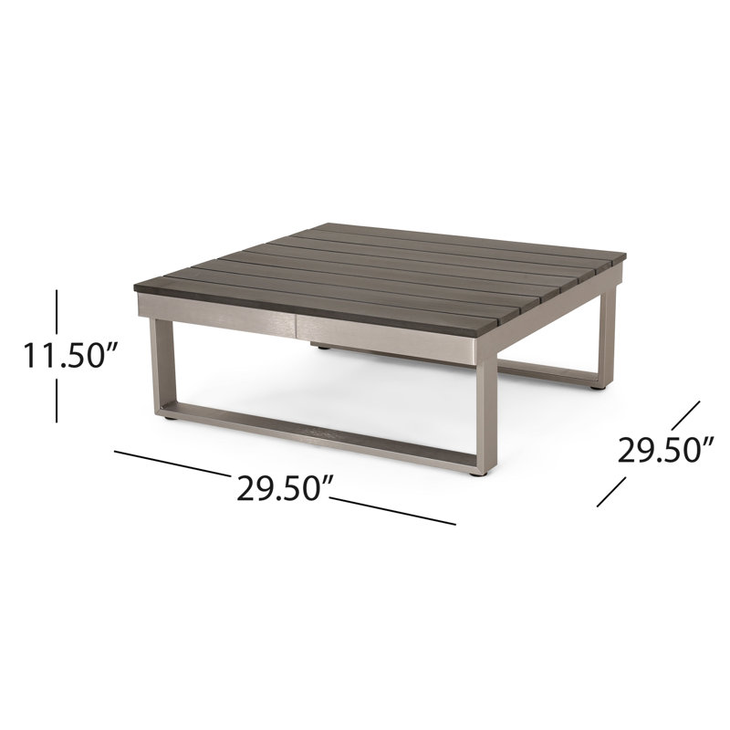 Table basse et coin en aluminium kaki de 29,2 po Profondeur, largeur, hauteur de 27,56 po, poids et surface de 46,45 lb, grain