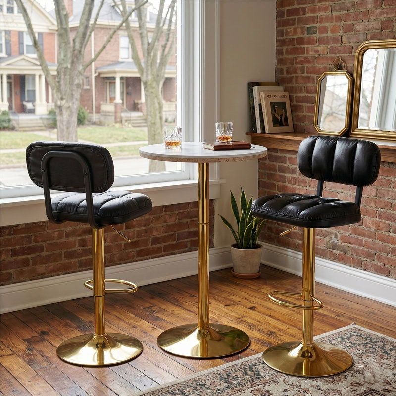 Adjustable Bar Height Set, Round White Marble Pub Table with Gold Chrome Leg & 2 Black Padded PU Leather Bar Stools with Swivel Function, Bistro Set for Small Spaces