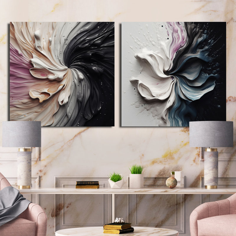Delicate Brushstrokes, peinture abstraite - ensemble de 2 collages carrés abstraits, Toile tendue, H 16 po x l 33 po