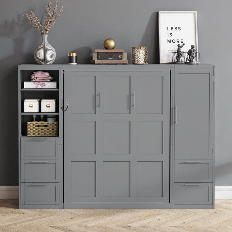 Grand lit escamotable avec placard intégré, tiroirs et tablettes de rangement | Lit mural peu encombrant, Gris