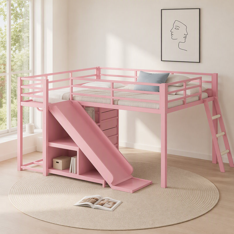 Full Bunk Bed with Built-In Ladder, Pink